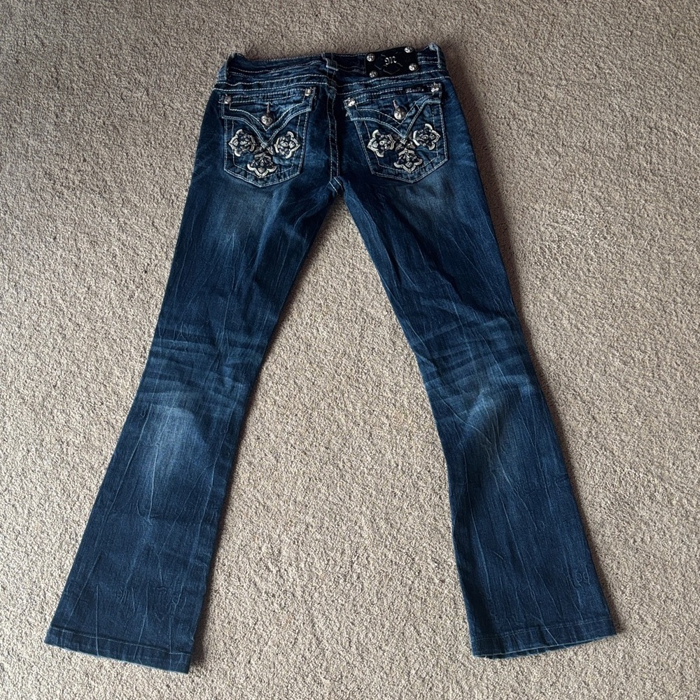 Miss Me Dark Blue Flare Jeans with Embellished Pockets